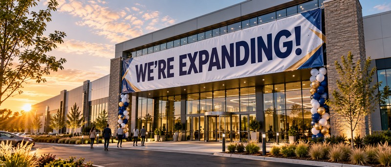 A modern building with a large We’re Expanding banner