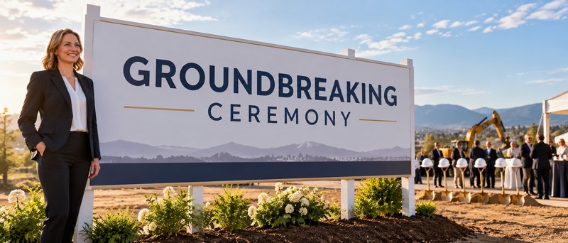 A woman beside a Groundbreaking Ceremony sign at a construction event