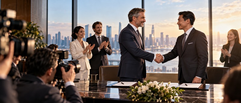 Executives celebrating a partnership signing with cameras present