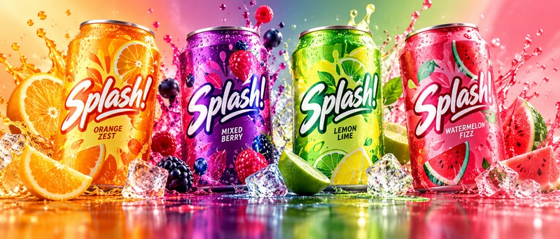 Four colorful Splash soft drink cans with fruit and splashing water