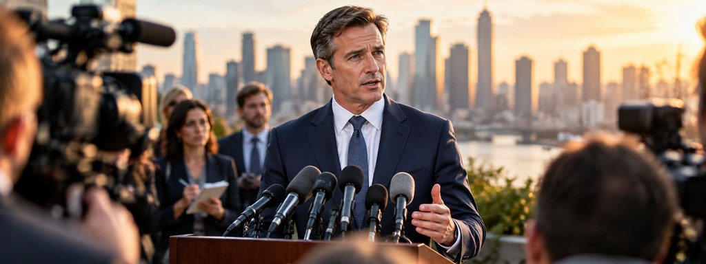 A businessman speaking at an outdoor press conference