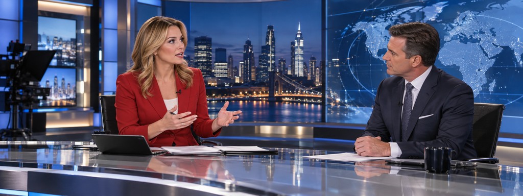 Two presenters talking on a television news set