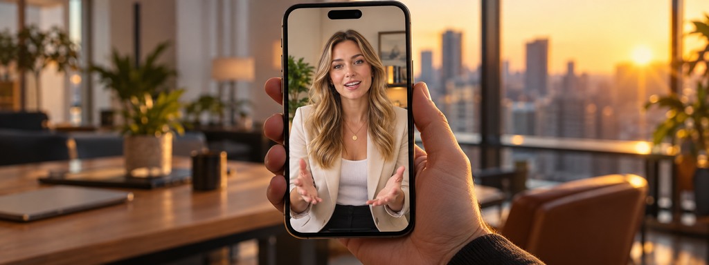 A woman speaking in a video shown on a smartphone